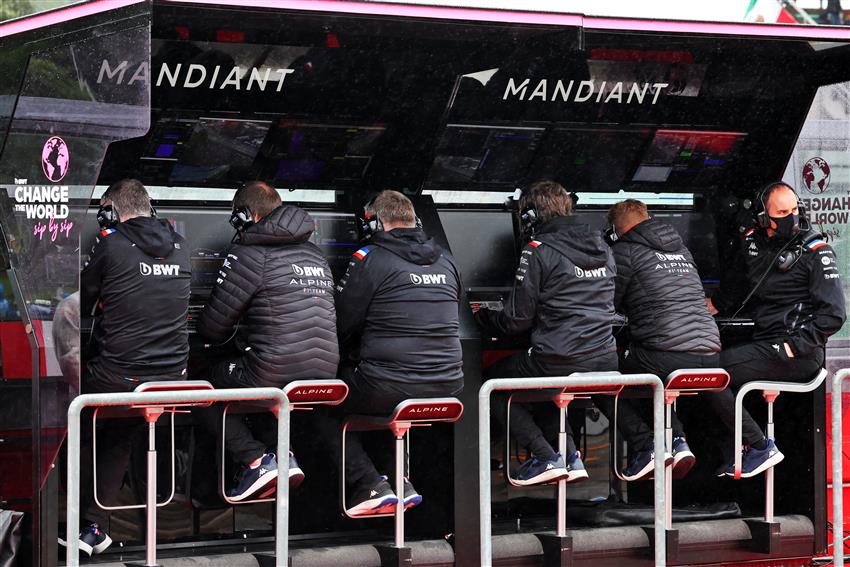 F1 team looking at data